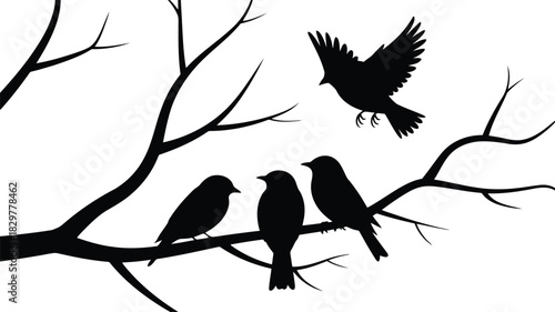 Black silhouettes of four songbirds gathered on a stark tree branch against a pure white sky