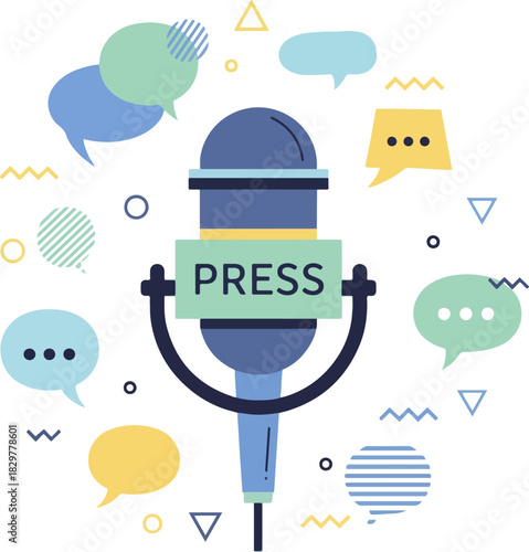 Flat vector microphone with a PRESS label, surrounded by speech bubbles and small abstract shapes