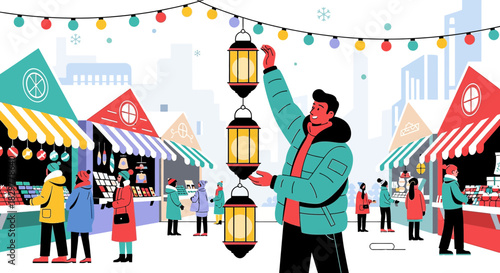 Festive winter market ambiance with man hanging glowing lanterns creating joyful atmosphere