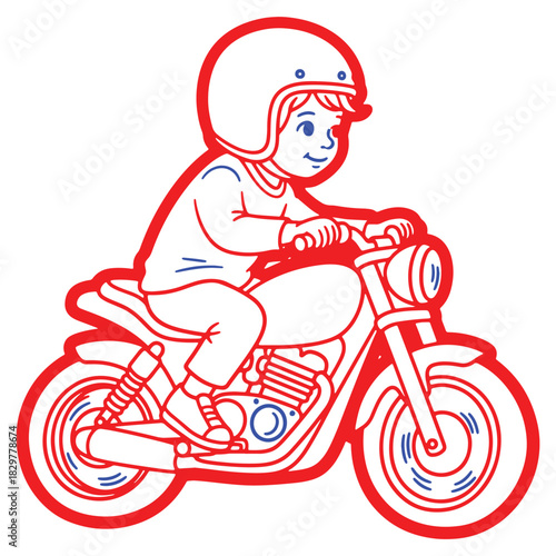 Cartoon illustration of a child riding a motorcycle with helmet safety and youthful adventures on two wheels for transportation