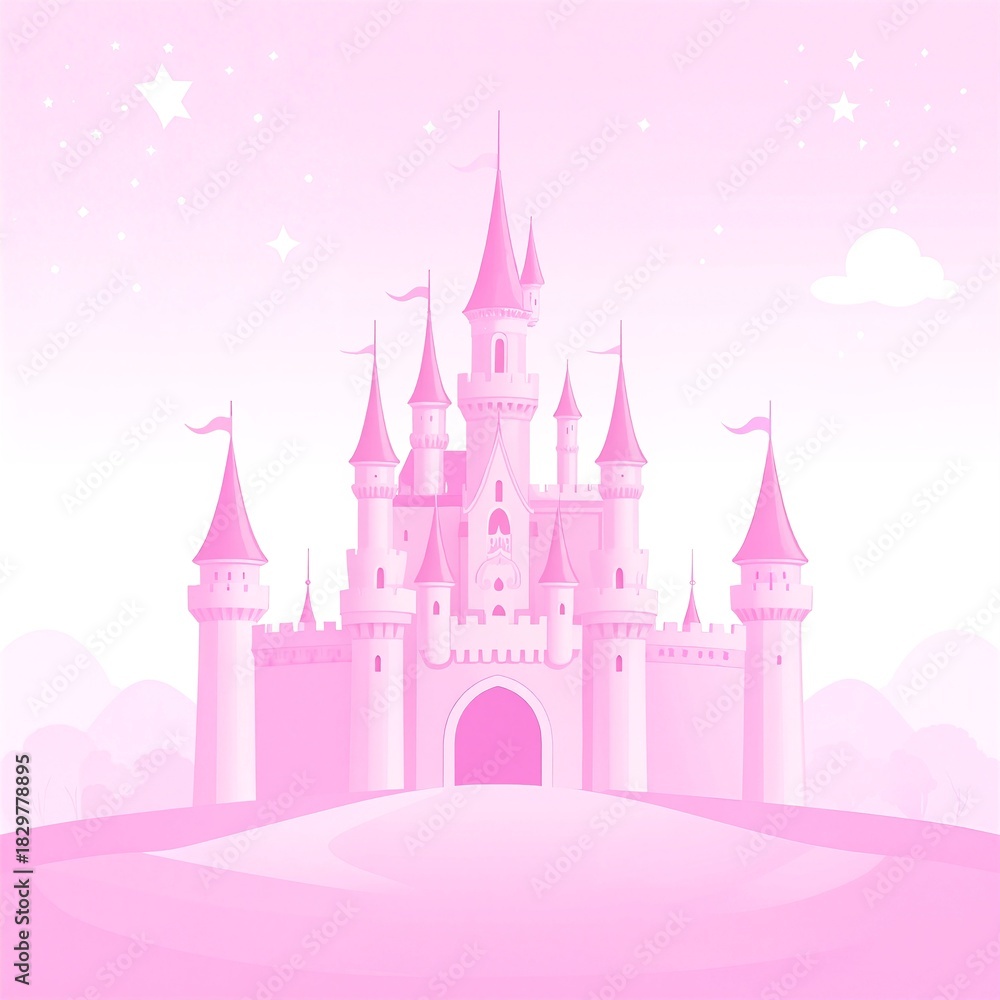 Obraz premium A majestic castle with tall, ornate turrets stands proudly against a twilight sky filled with twinkling stars, casting a magical ambiance.