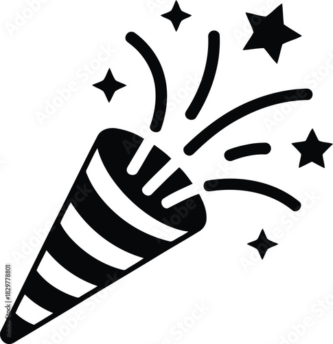 Celebratory black and white illustration of a party popper releasing a shower of sparkling stars