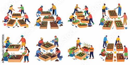 Community gardening and urban farming collection featuring diverse people planting, watering, and harvesting fresh vegetables in raised garden beds.