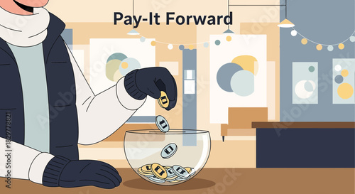 Generosity in motion: person contributing to a pay-it-forward fund with altruism and kindness