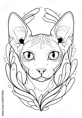 portrait of a sphinx cat in close-up. coloring book