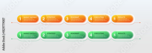 Business flowchart infographics. Glass morphism infographic design. Progress bar with 5 step elements placed in horizontal row.. Overlapping circular shapes for logic graphic illustration.