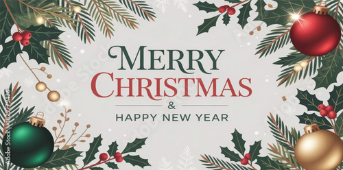 A classic, elegant, and warm 'Merry Christmas & Happy New Year' greeting card design. The central text is vintage-style typography in deep red and forest green.