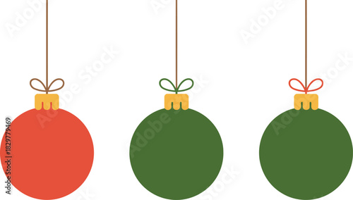 Classic trio of Christmas tree ornaments featuring traditional red and two shades of green
