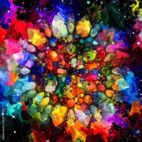 A vibrant abstract painting bursting with a kaleidoscope of colors, featuring swirling patterns and dynamic shapes that evoke energy and emotion.