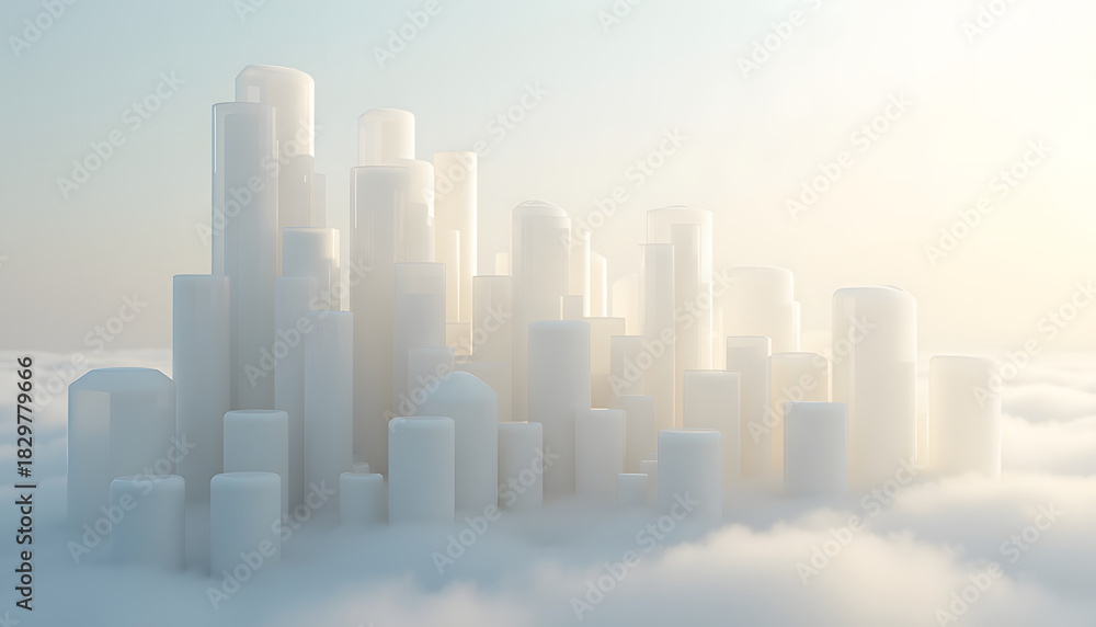 Naklejka premium Abstract city skyline floating above the clouds in a dreamy, ethereal landscape