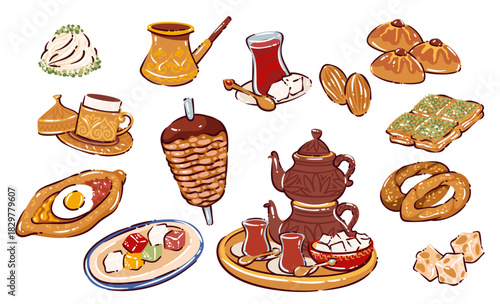 Turkish food and drinks flat vector set with tea, cezve, baklava, kebab, simit, delight, coffee, and desserts. Flat cartoon illustration of traditional Turkish cuisine for travel and design projects.
