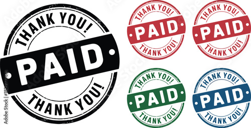 Collection of distressed circular PAID Thank You! rubber stamps in various colors on a clean white background