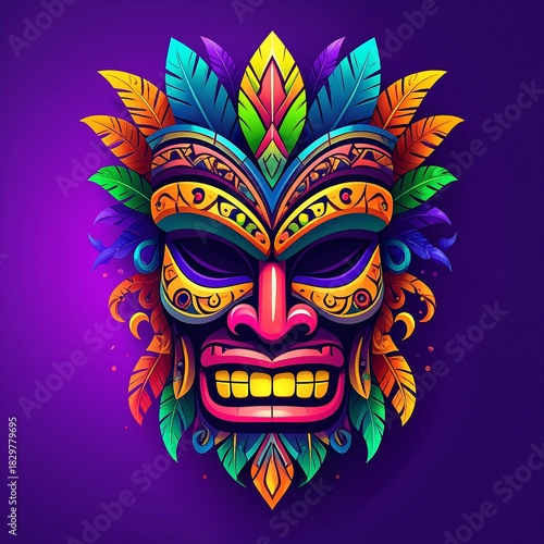 A vibrant, intricately designed mask adorned with bright feathers and lush green leaves, showcasing a blend of colors that evoke a festive spirit.