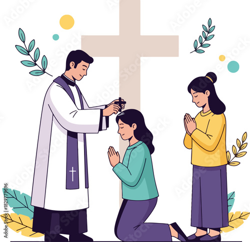Flat vector illustration of Ash Wednesday ritual