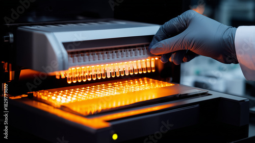 Laboratory technician in blue gloves handling sample tubes in automated analyzer with orange illumination. Medical testing equipment, clinical diagnostics. Biotechnology research, pharmaceutical lab.