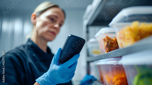 Quality control worker scanning barcode on meal containers in commercial kitchen. Food storage inspection with smartphone, hygiene compliance. Restaurant inventory management, food safety standards.