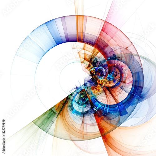 A vibrant, computer-generated abstract design featuring swirling shapes and vivid colors, blending geometric patterns with fluid forms for a dynamic visual effect.