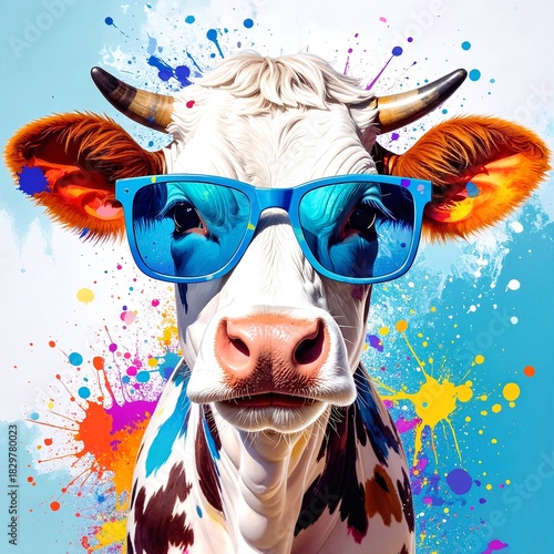 A playful cow sporting stylish sunglasses stands confidently amidst vibrant splashes of paint, creating a lively and whimsical atmosphere.