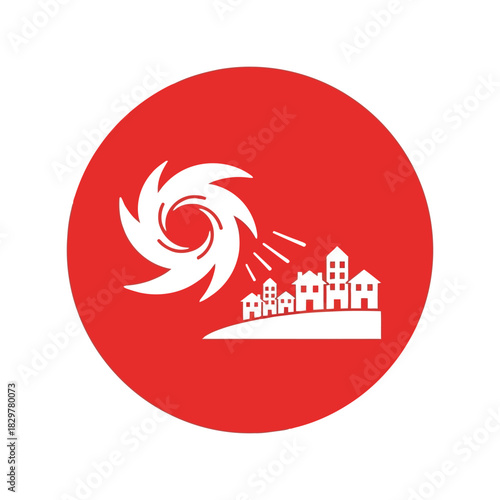 Hurricane disaster icon: town under storm warning Vector