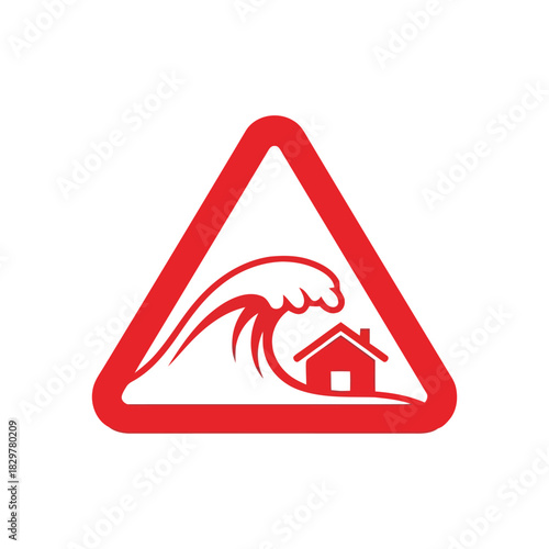 Tsunami warning sign: house and wave hazard icon Vector