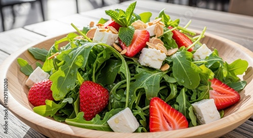 Arugula strawberry and feta salad offering a refreshing fusion of tastes and textures on wooden