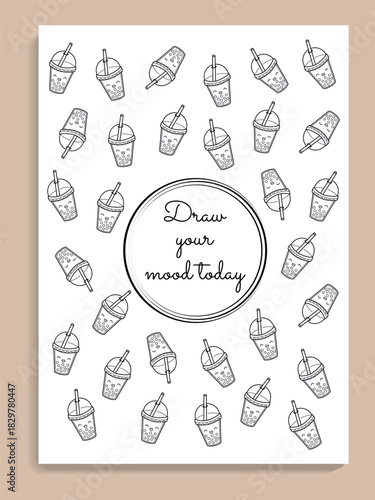 Mood tracking page with funny bublle tea, cute vector monthly planner