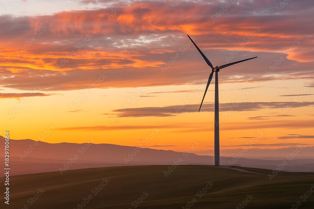 Fototapeta premium Wind turbine at sunset with dramatic clouds and distant mountains