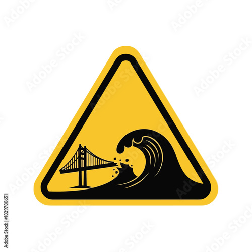 Tsunami warning icon: bridge and destructive wave hazard Vector