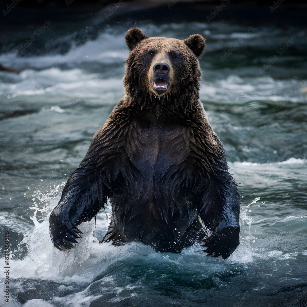 Fototapeta premium Powerful brown bear standing in churning river water with mouth open and spray flying