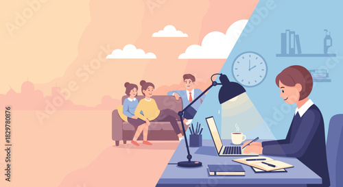 This modern vector illustration vividly portrays the crucial concept of work-life balance, contrasting focused productivity with relaxed social interaction.