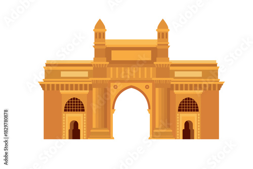 Symmetrical vector art of the golden-yellow Gateway of India with its grand central arch.