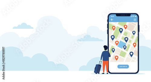 A person with luggage uses a large smartphone displaying a detailed digital map filled with colorful location pins, planning a journey or exploring new destinations.