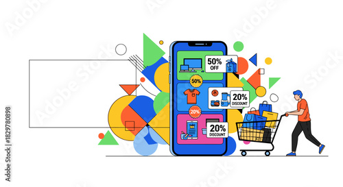 A customer pushes a shopping cart filled with packages towards a large smartphone displaying various online deals, symbolizing modern e-commerce convenience.