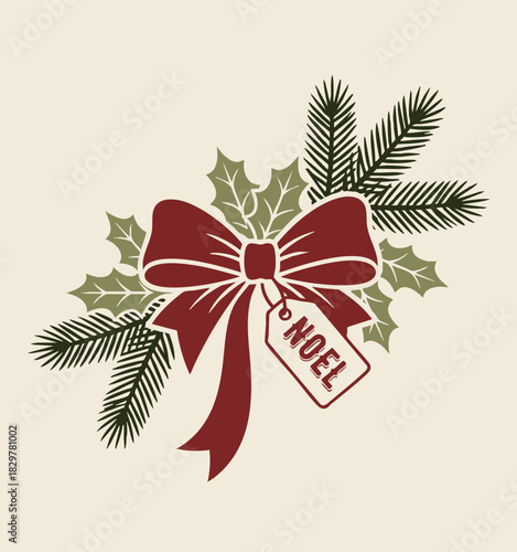 Festive Christmas bow with 'NOEL' tag and seasonal greenery on cream background