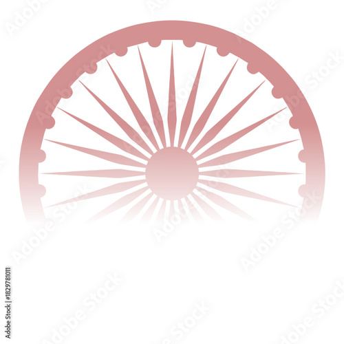 Stylized semi-circular Dharma wheel in a dusty rose gradient with radiating sunburst spokes.