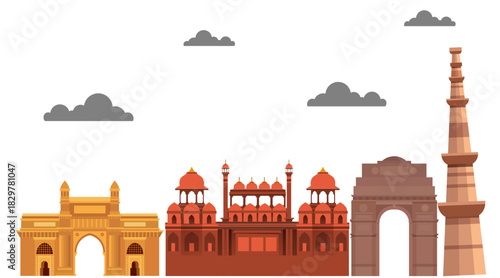 Colorful flat vector illustration of famous Indian monuments and historical landmarks.
