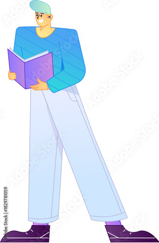 Vector flat gradient illustration of a character reading a book.
