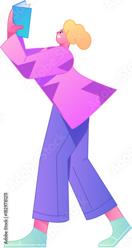 Vector flat gradient illustration of a character reading a book.
