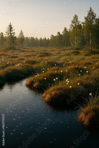 Cotton grass bog in evening calm