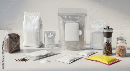 Assorted blank packaging variations for spices and condiments presentation mockup and demonstration