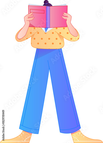 Vector flat gradient illustration of a character reading a book.

