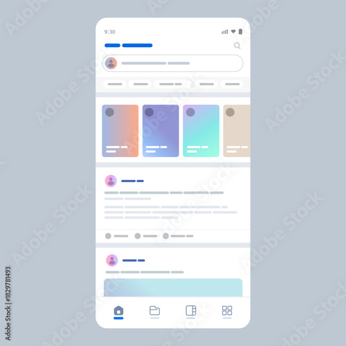 Mobile social media profile interface showing user avatar bio text story highlights post grid layout for networking application vector illustration of mobile apps design template
