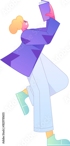 Vector flat gradient illustration of a character reading a book.
