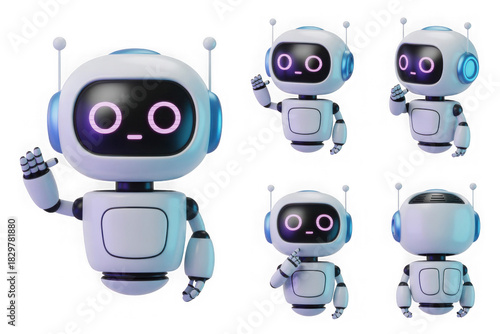 Cute cartoon robot collection waving and thinking, isolated isolated on transparent background