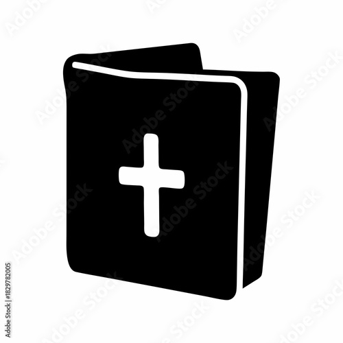 Stylized black and white illustration of a book with a cross on it