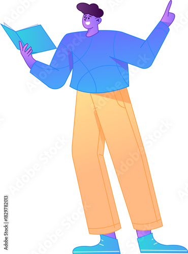 Vector flat gradient illustration of a character reading a book.
