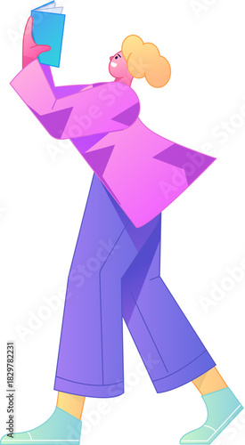 Vector flat gradient illustration of a character reading a book.
