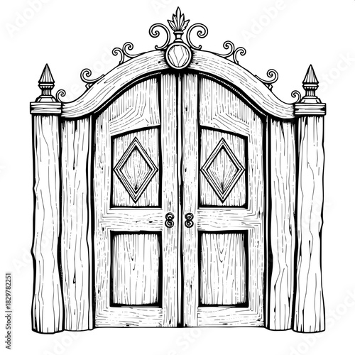 Detailed pen-and-ink art of a rustic wooden door with ornate finials featuring subtle curls and twists, diamond-shaped panel insets filled with delicate hatching, and pronounced wood grain that accent