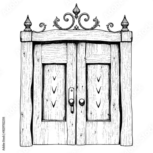 Detailed pen-and-ink art of a rustic wooden door with ornate finials featuring subtle curls and twists, diamond-shaped panel insets filled with delicate hatching, and pronounced wood grain that accent