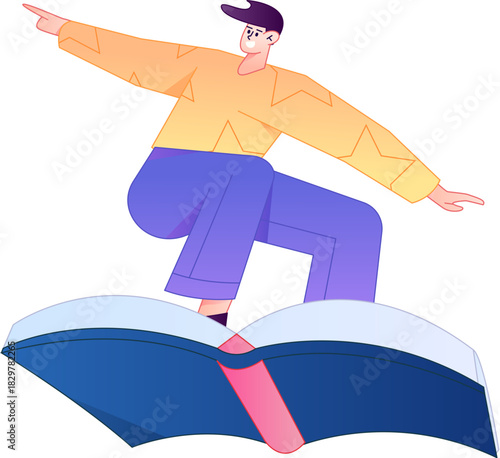 Vector flat gradient illustration of a character reading a book.
